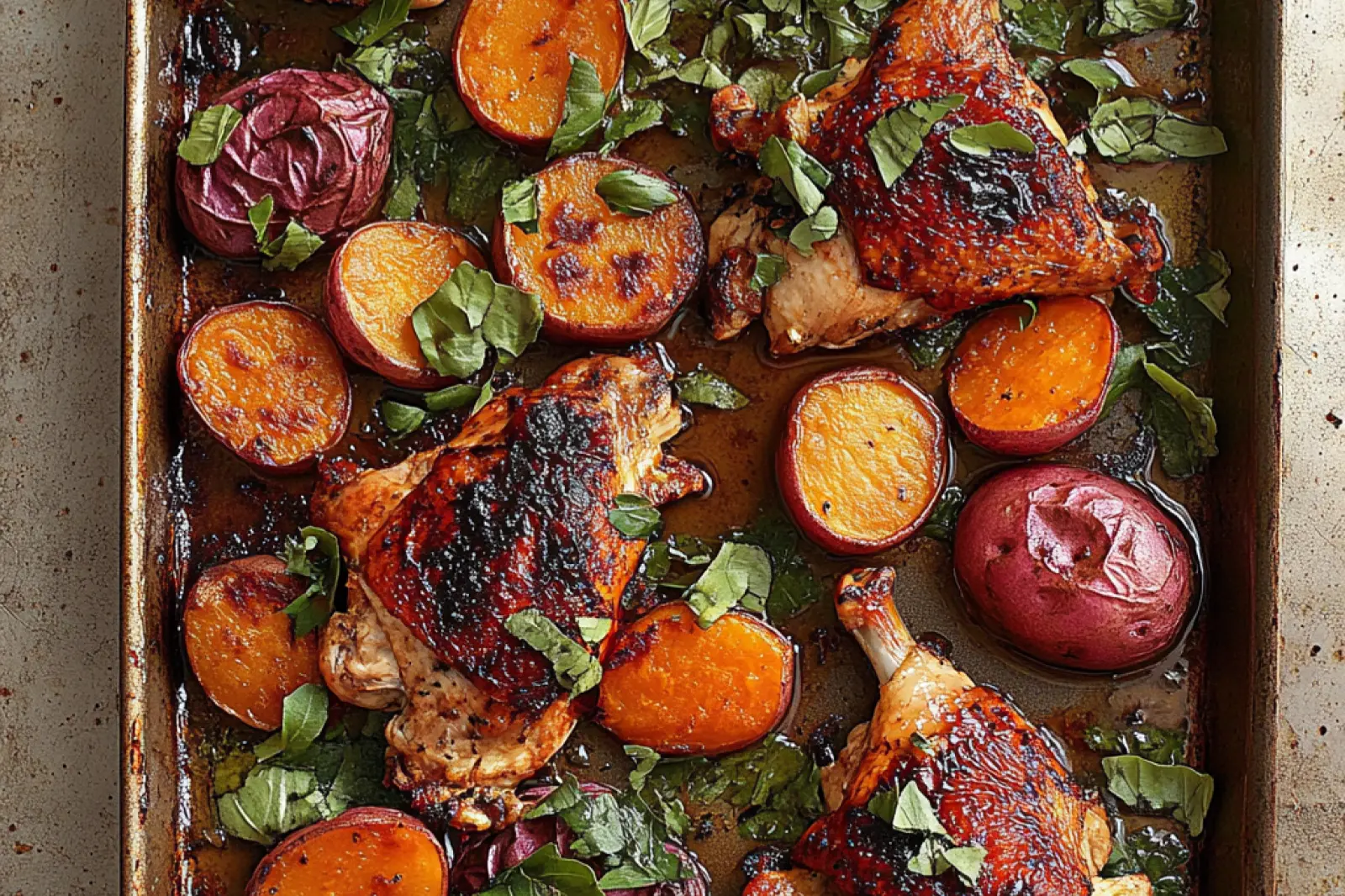 SHEET PAN CHICKEN AND SWEET POTATOES centered hero view, clean and uncluttered