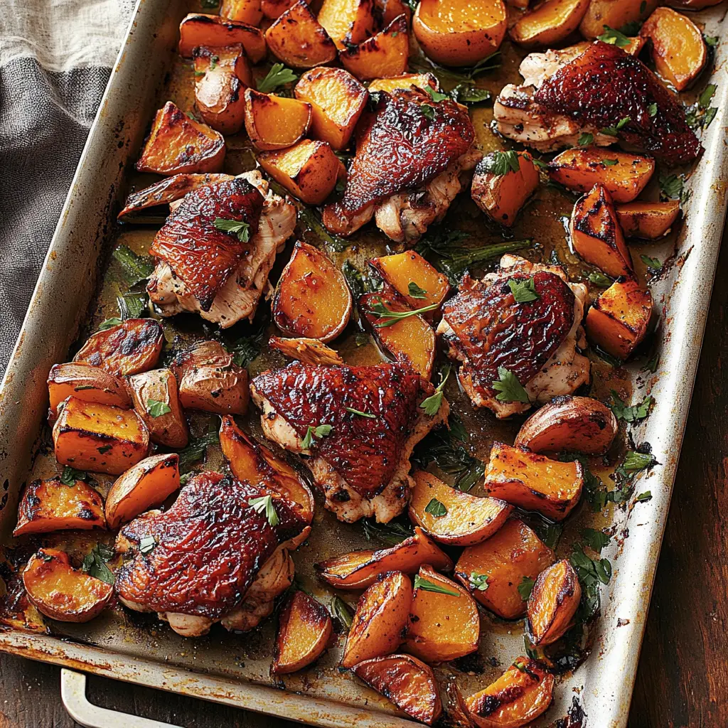 Sheet pan chicken and sweet potatoes with caramelized edges, centered hero view