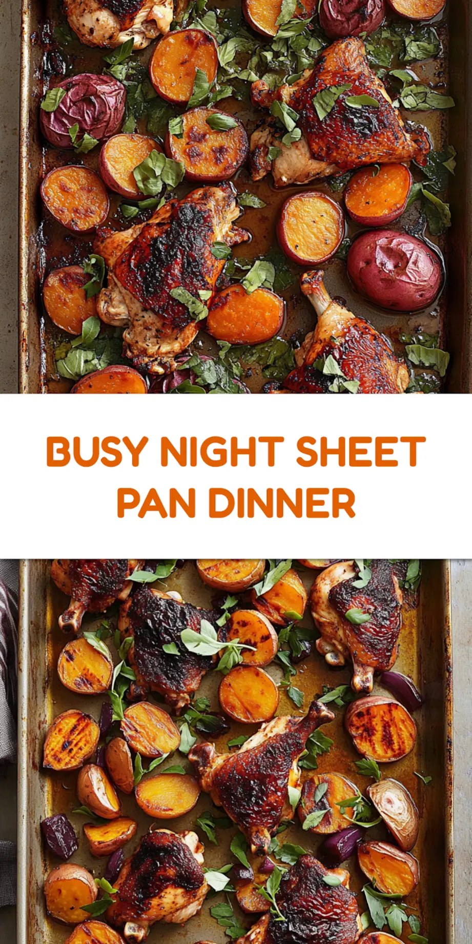 Sheet pan chicken and sweet potatoes Pinterest image, centered hero view