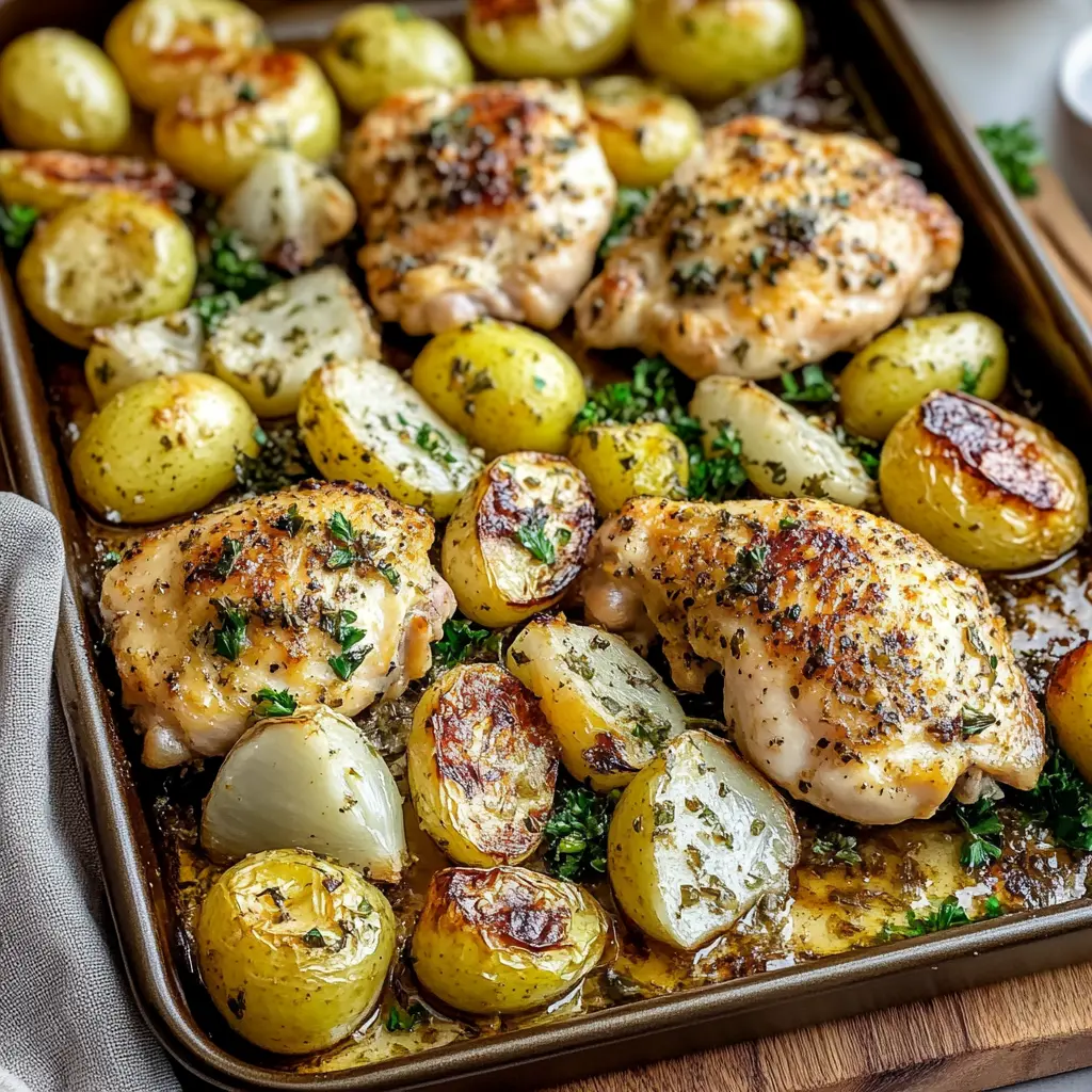 Sheet pan garlic butter chicken with roasted vegetables and golden potatoes