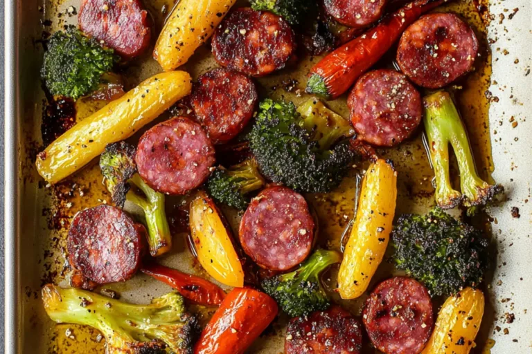 SHEET PAN SAUSAGE AND VEGETABLES centered hero view, clean and uncluttered