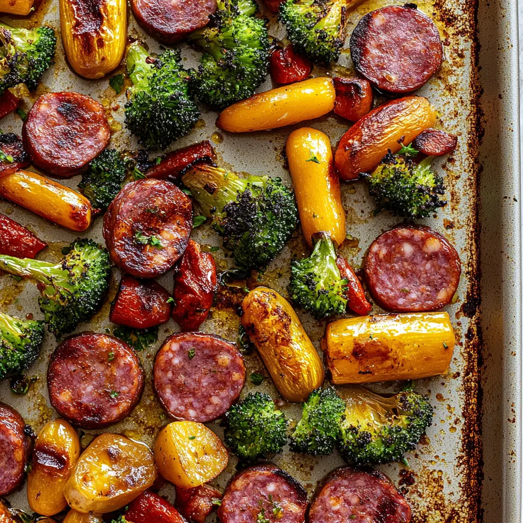 Sheet pan sausage and vegetables with golden browned edges, centered hero view