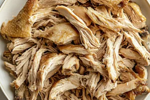 SLOW COOKER SHREDDED CHICKEN centered hero view, clean and uncluttered