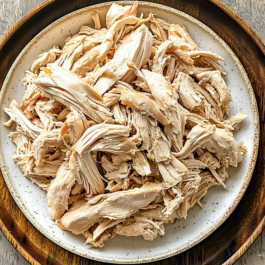 SLOW COOKER SHREDDED CHICKEN centered hero view, clean and uncluttered