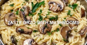 TASTY ORZO WITH MUSHROOMS centered hero view, clean and uncluttered