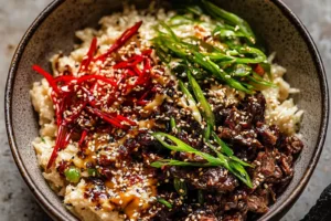 20 MINUTE KOREAN GOCHUJANG BEEF BOWLS centered hero view, clean and uncluttered