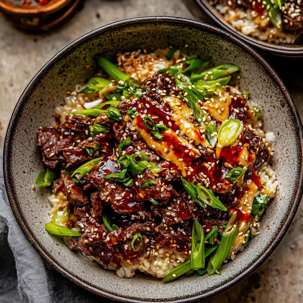 20 minute Korean gochujang beef bowls centered hero view, clean and uncluttered