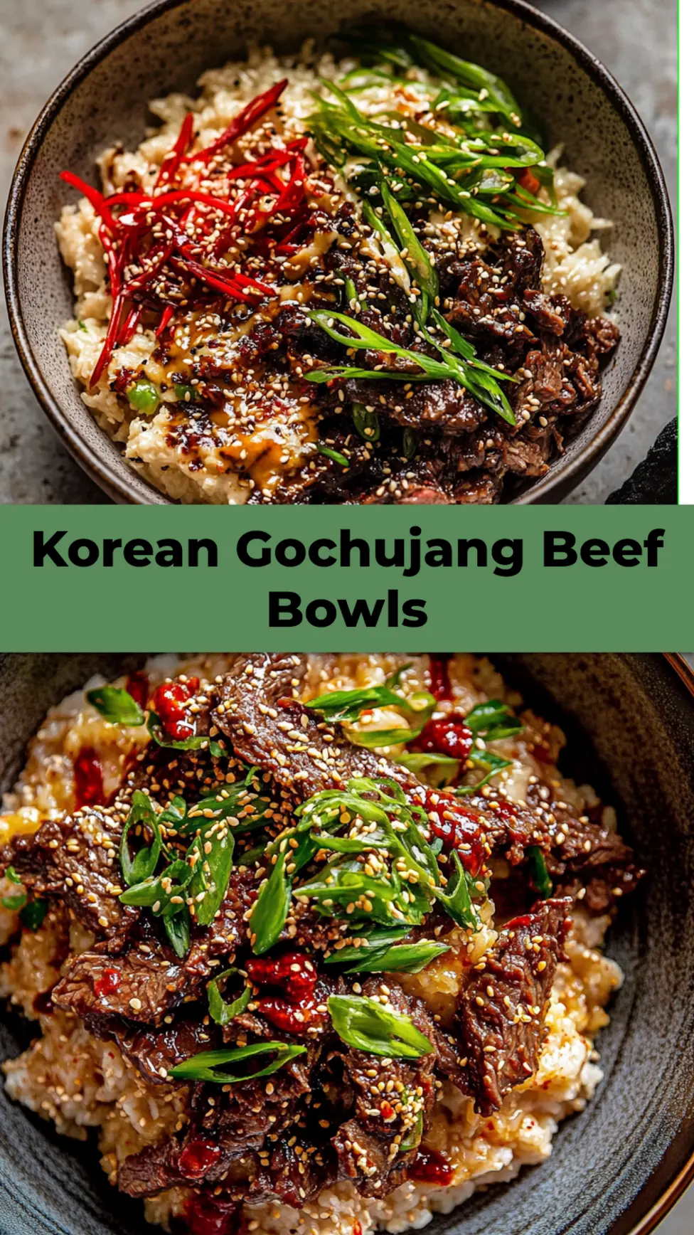 20 minute Korean gochujang beef bowls centered hero view, clean and uncluttered pin