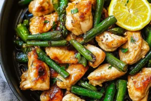 AIR FRYER CHICKEN BREAST ASPARAGUS LEMON centered hero view, clean and uncluttered