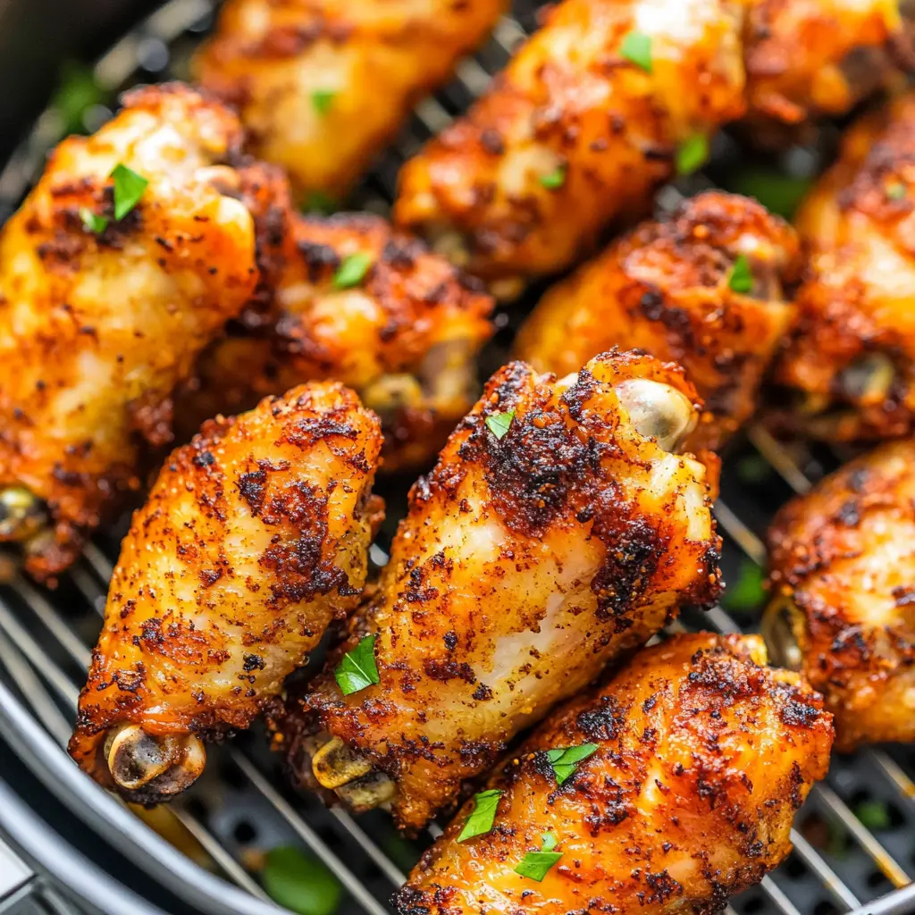 Air fryer chicken wings with crispy golden skin on a white plate