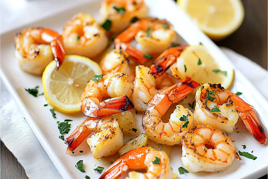AIR FRYER GARLIC SHRIMP WITH LEMON centered hero view, clean and uncluttered