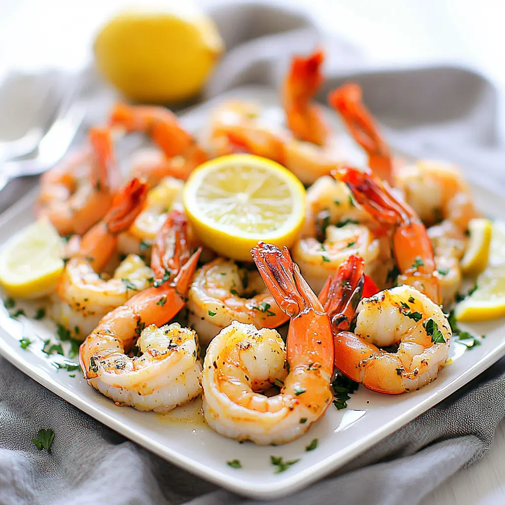 Air fryer garlic shrimp with lemon centered hero view, clean and uncluttered