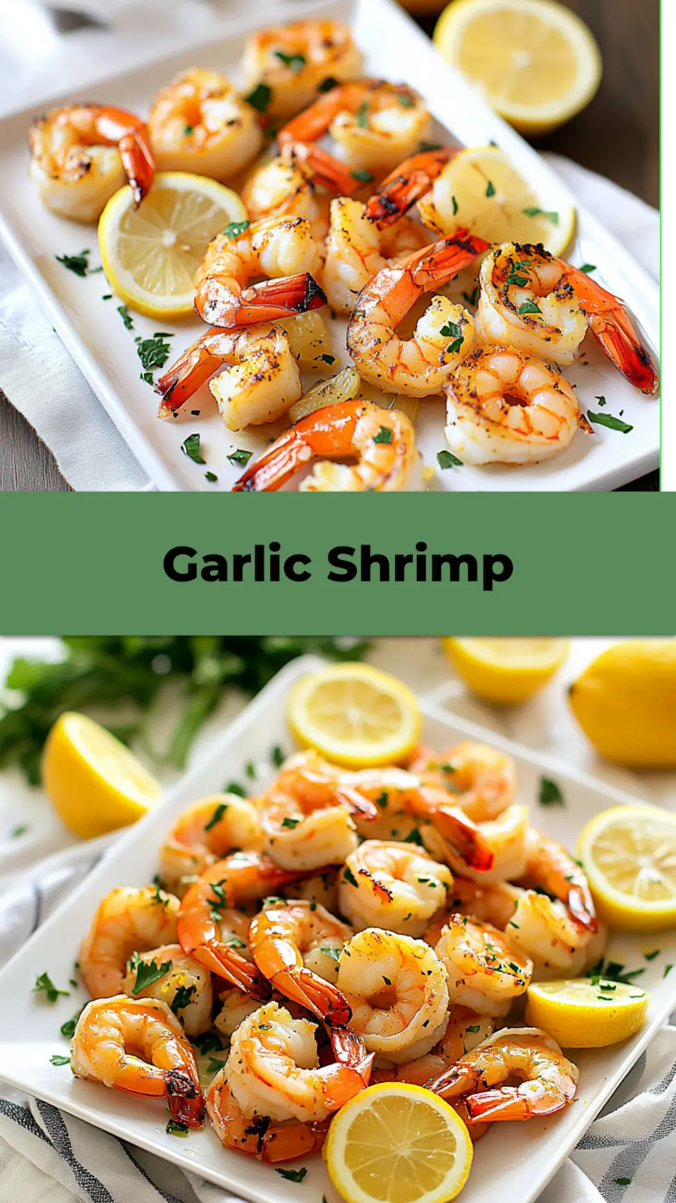 Air fryer garlic shrimp with lemon centered hero view, clean and uncluttered for Pinterest