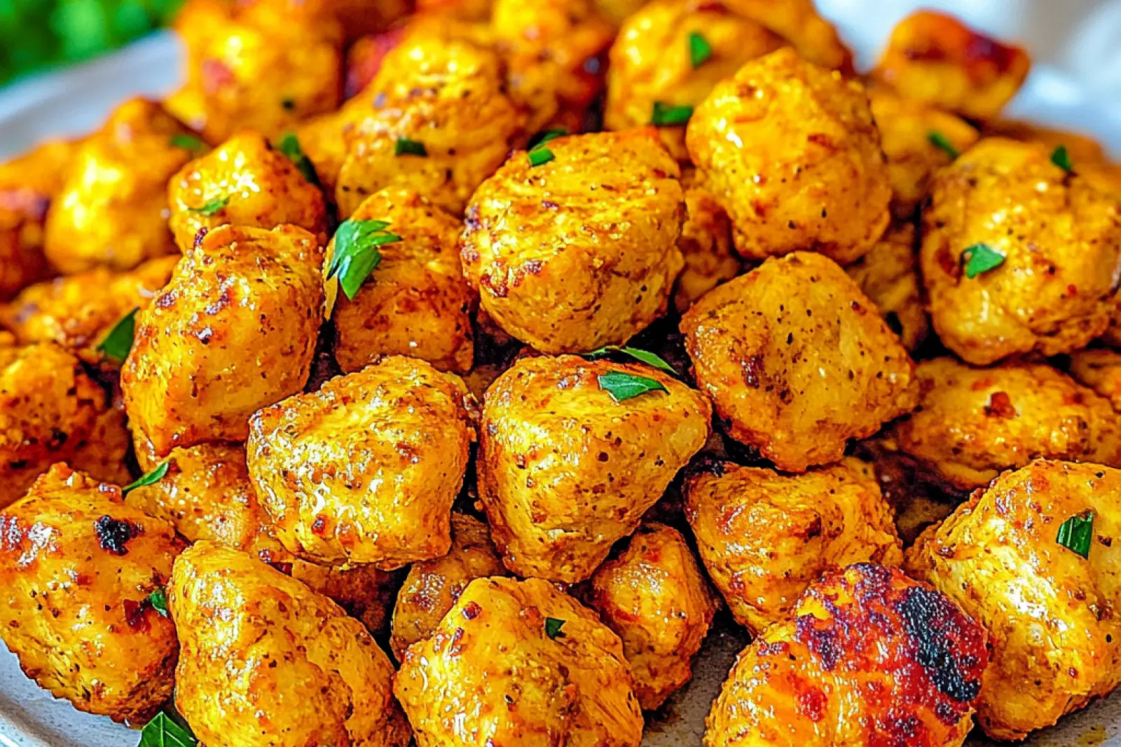 AIR FRYER HIGH PROTEIN CHICKEN BITES centered hero view, clean and uncluttered