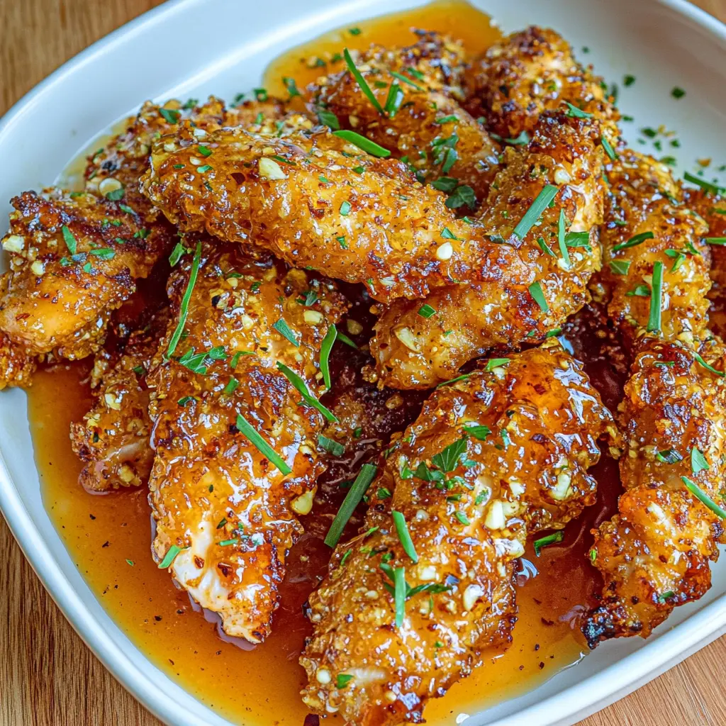AIR FRYER HONEY GARLIC CHICKEN TENDERS centered hero view, clean and uncluttered
