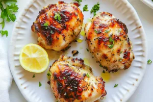 Air Fryer Lemon Garlic Chicken Thighs Easy Weeknight Dinner AIR FRYER LEMON GARLIC CHICKEN THIGHS centered hero view, clean and uncluttered