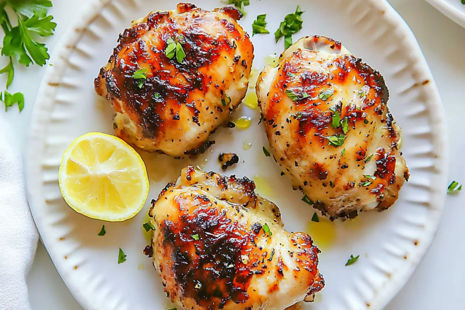 AIR FRYER LEMON GARLIC CHICKEN THIGHS centered hero view, clean and uncluttered