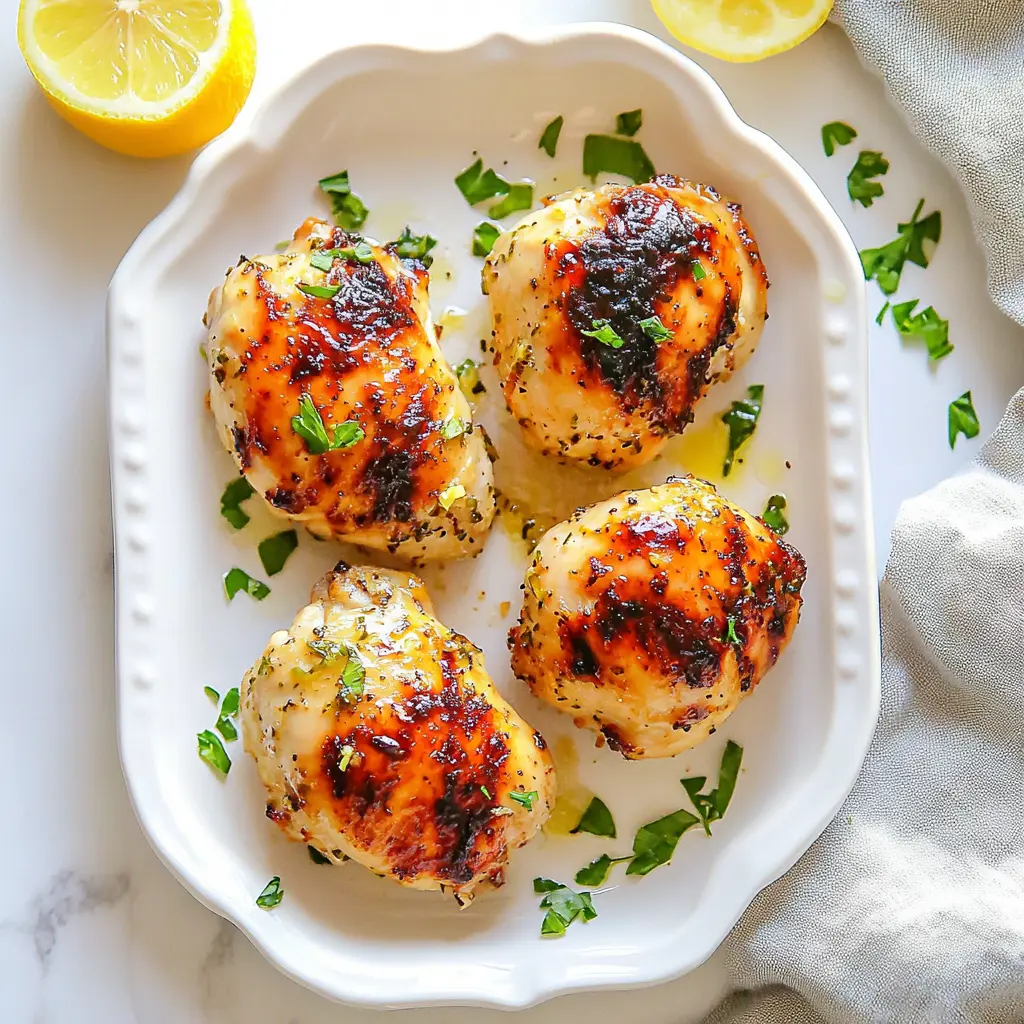 AIR FRYER LEMON GARLIC CHICKEN THIGHS centered hero view, clean and uncluttered