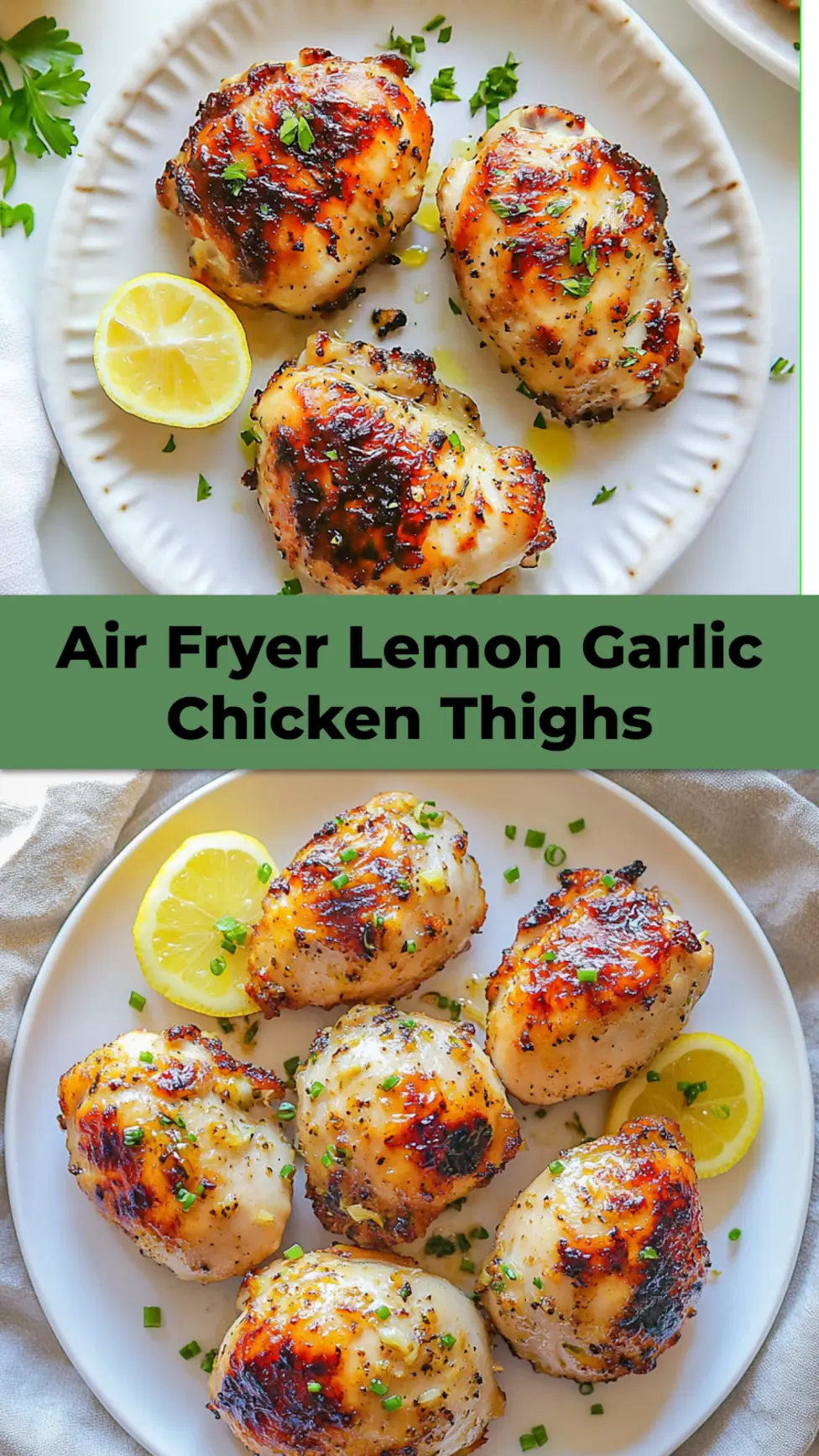 AIR FRYER LEMON GARLIC CHICKEN THIGHS centered hero view, clean and uncluttered