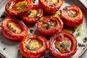 AIR FRYER ROASTED TOMATOES recipe, served and ready to eat, easy homemade dinner