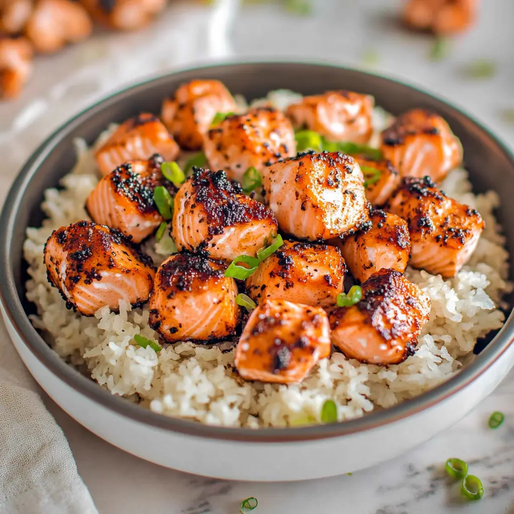Air fryer salmon bites with golden crispy edges on a serving plate