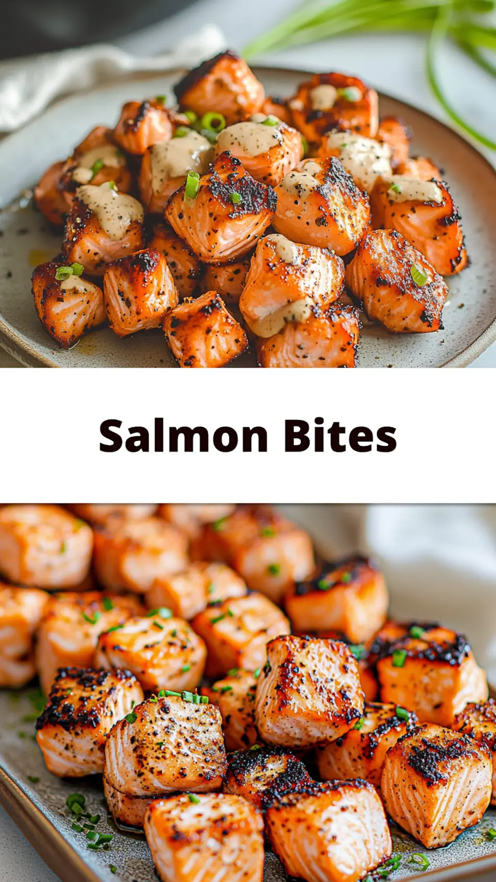 Air fryer salmon bites with bang bang sauce arranged for Pinterest