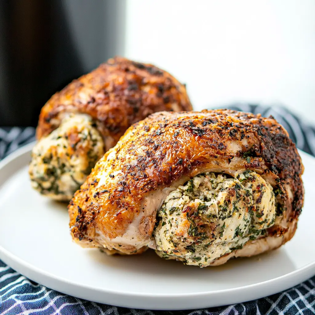 Air fryer stuffed chicken breast with spinach and feta, golden and juicy, centered on a clean white plate