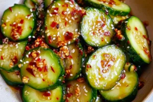ASIAN CUCUMBER SALAD centered hero view, clean and uncluttered