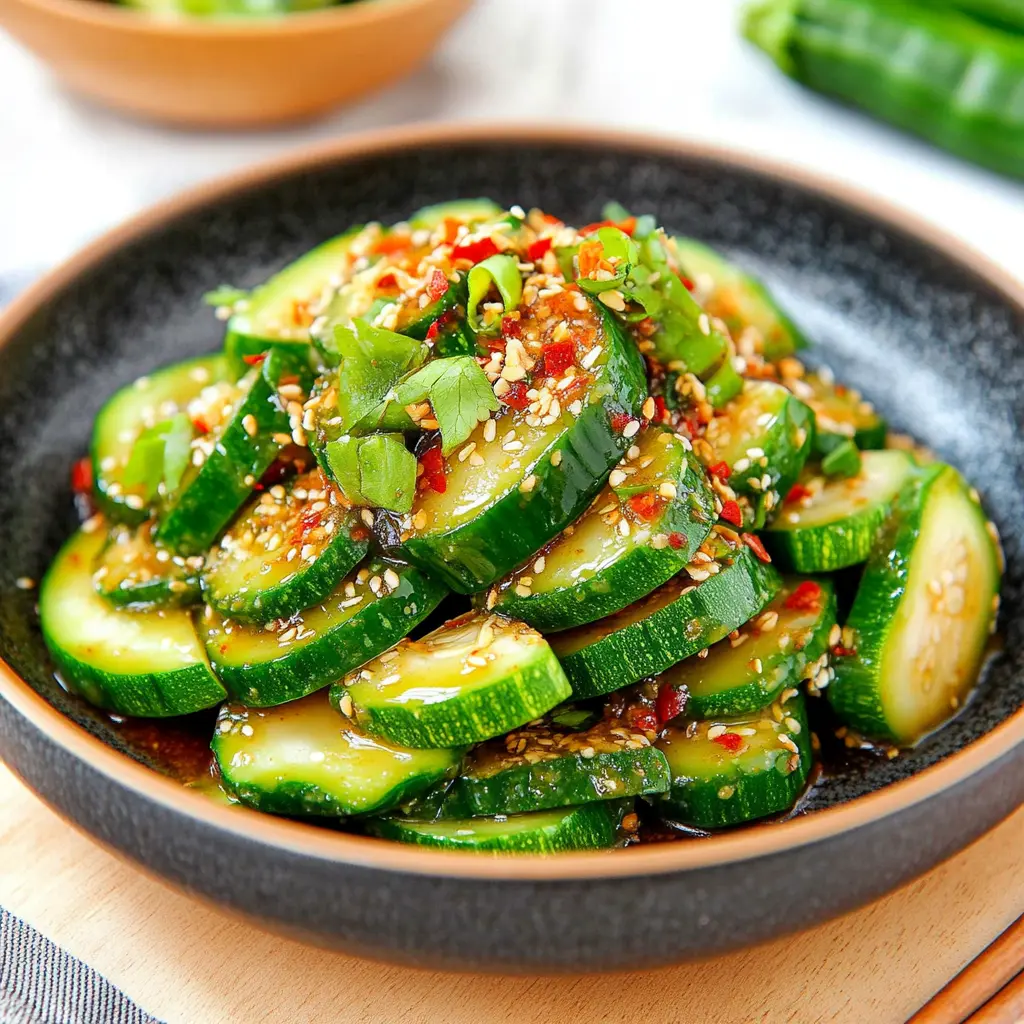 Asian cucumber salad with spiral cut cucumbers in sesame soy dressing