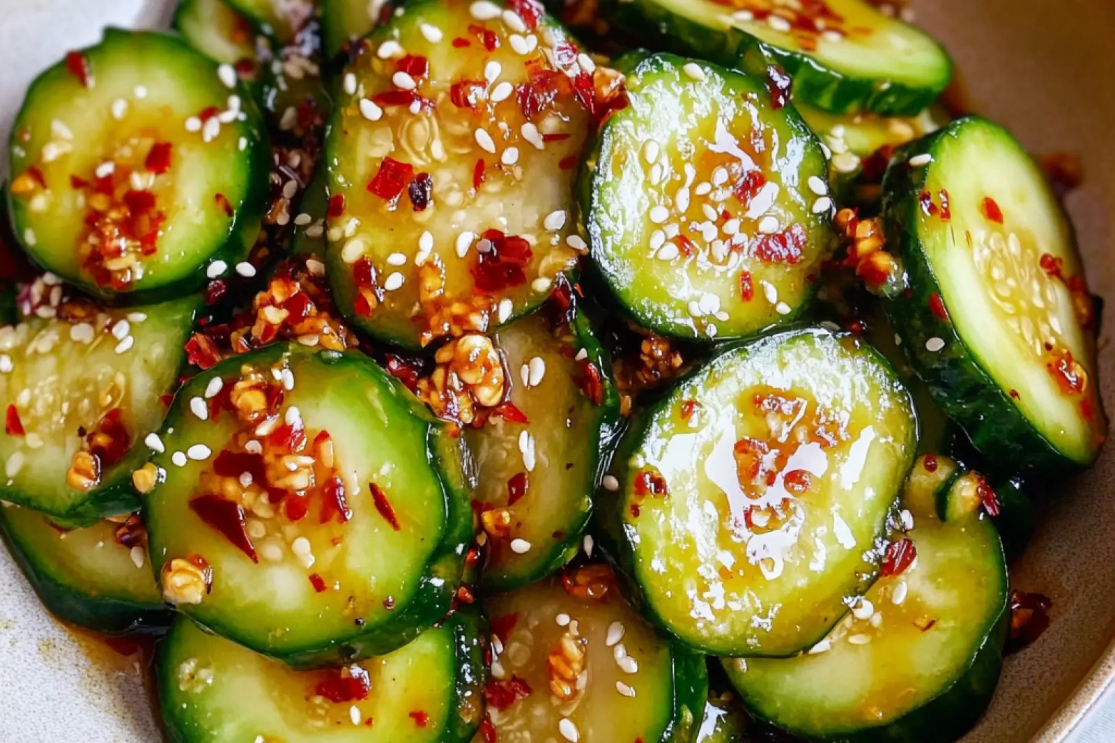 ASIAN CUCUMBER SALAD centered hero view, clean and uncluttered
