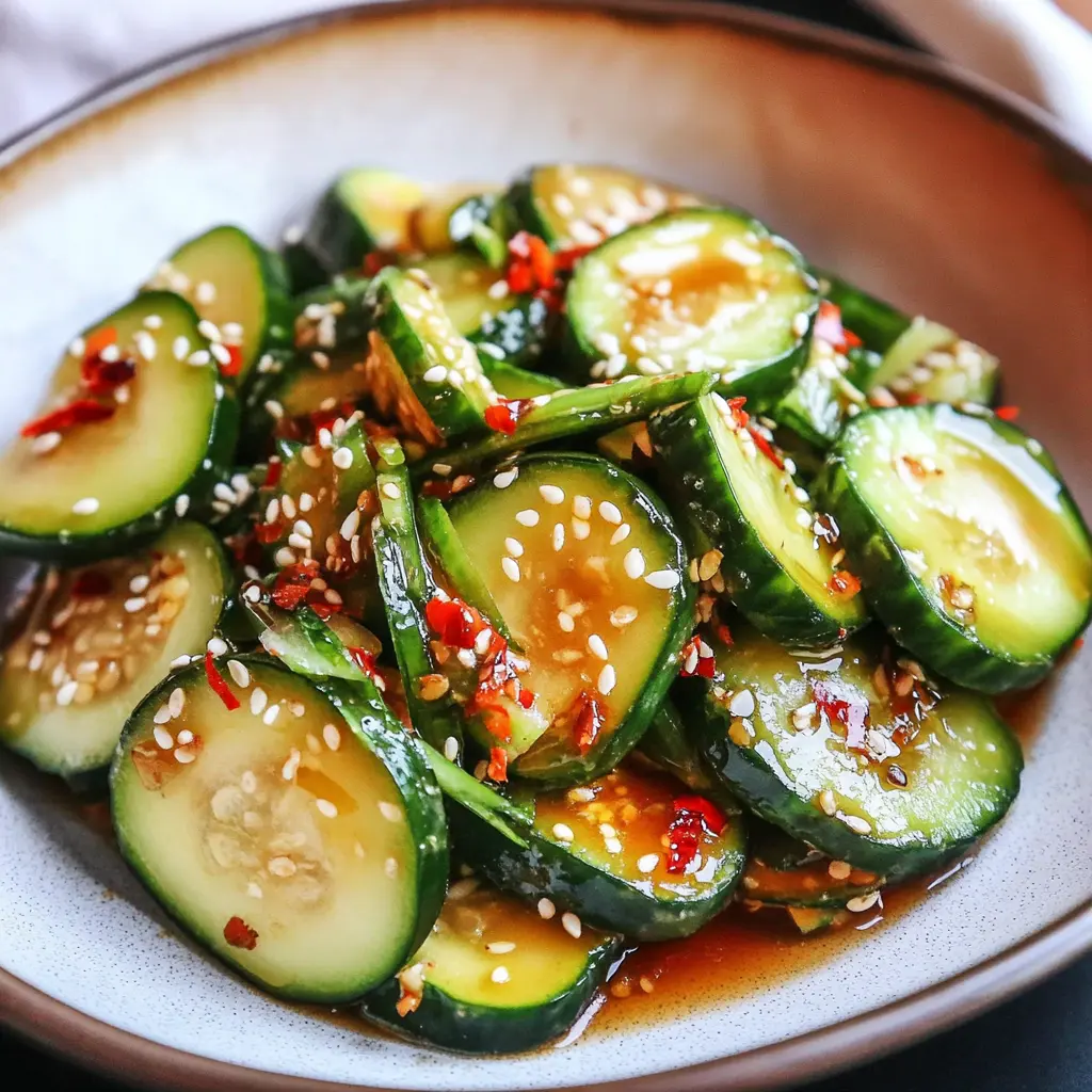 Asian cucumber salad centered hero view, clean and uncluttered