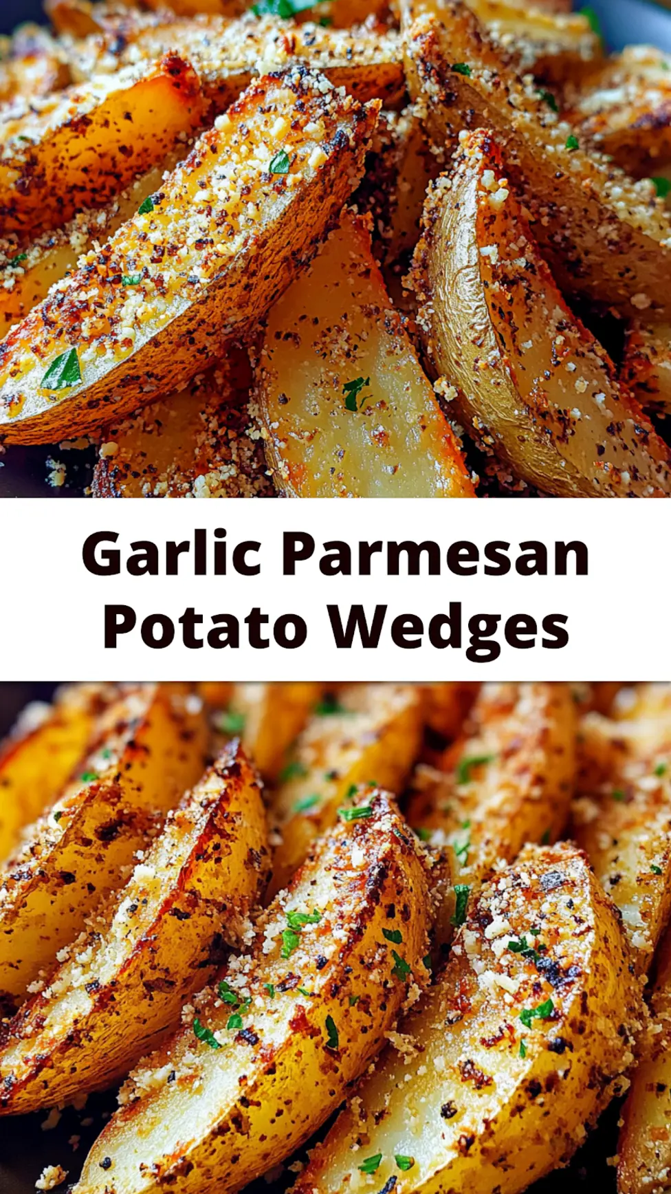 BAKED GARLIC PARMESAN POTATO WEDGES centered hero view, clean and uncluttered_pin