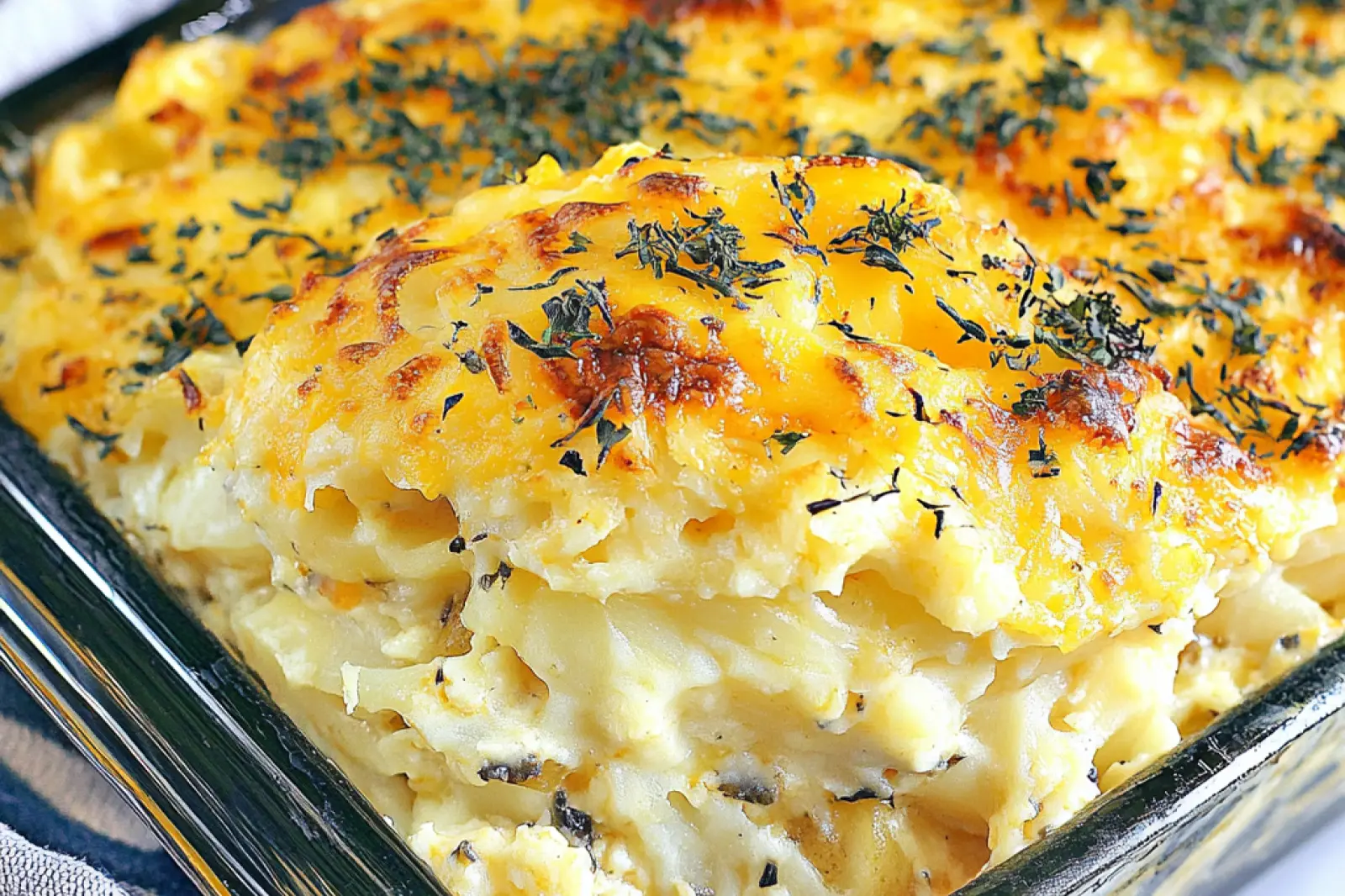 BEST CHEESY POTATO CASSEROLE centered hero view, clean and uncluttered