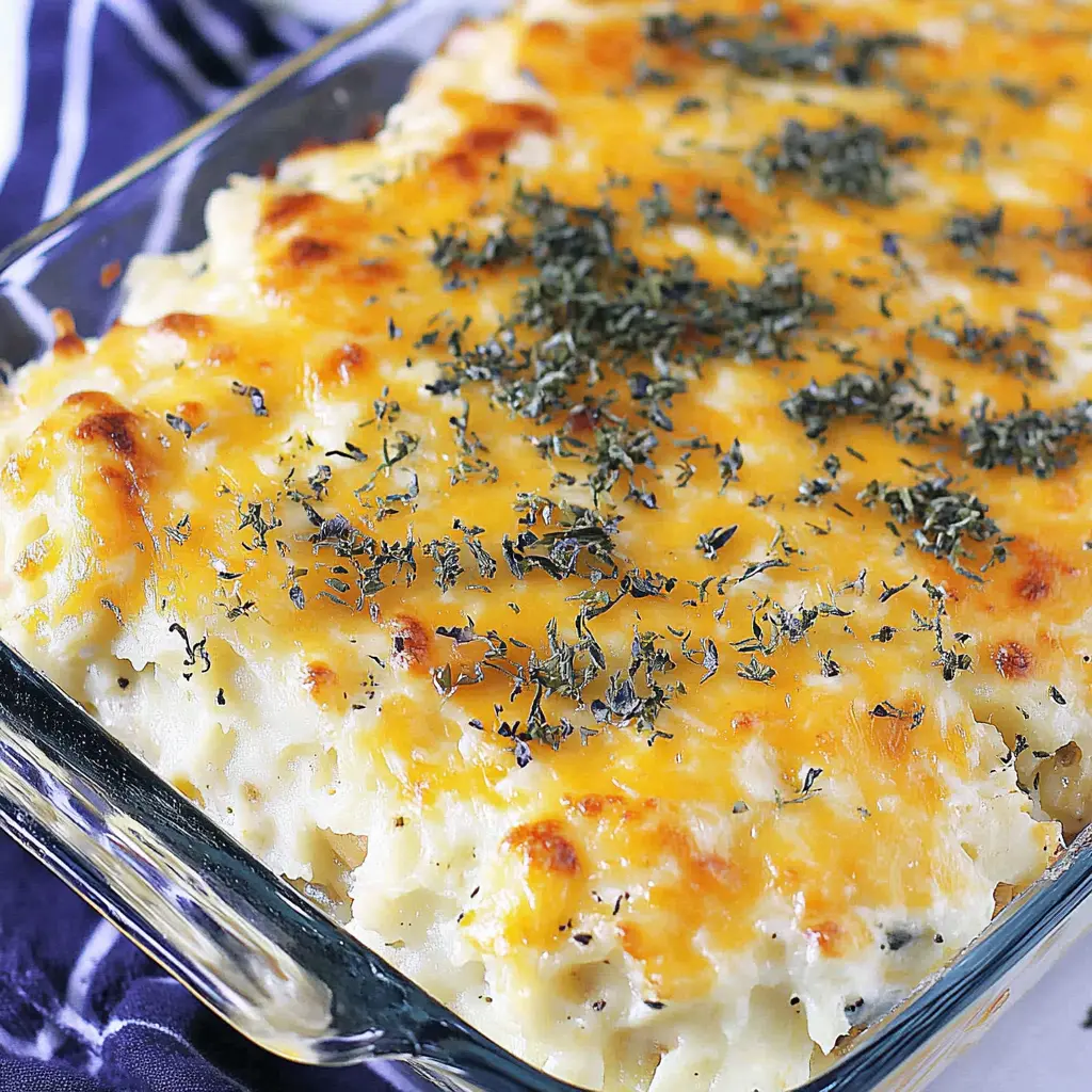 BEST CHEESY POTATO CASSEROLE centered hero view, clean and uncluttered
