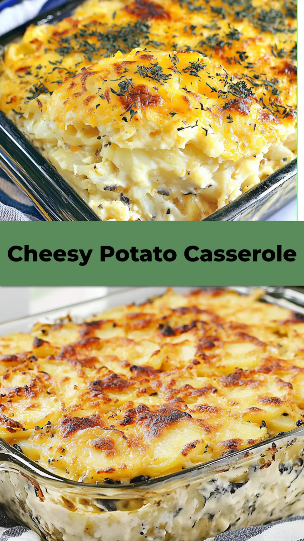 BEST CHEESY POTATO CASSEROLE centered hero view, clean and uncluttered