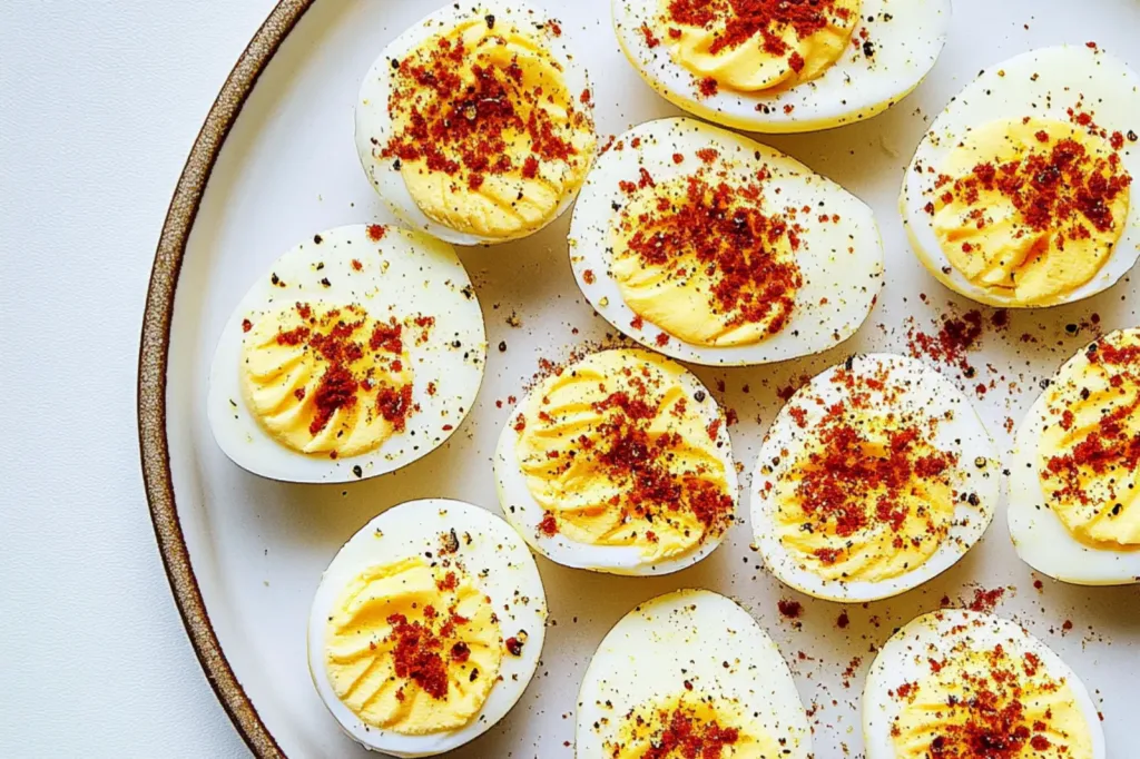 BEST DEVILED EGGS RECIPE centered hero view, clean and uncluttered