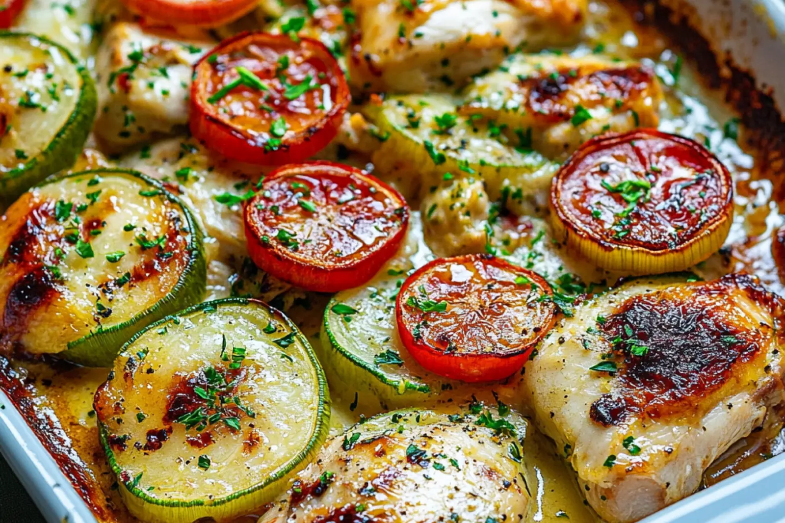 BEST MEDITERRANEAN CHICKEN ZUCCHINI BAKE centered hero view, clean and uncluttered