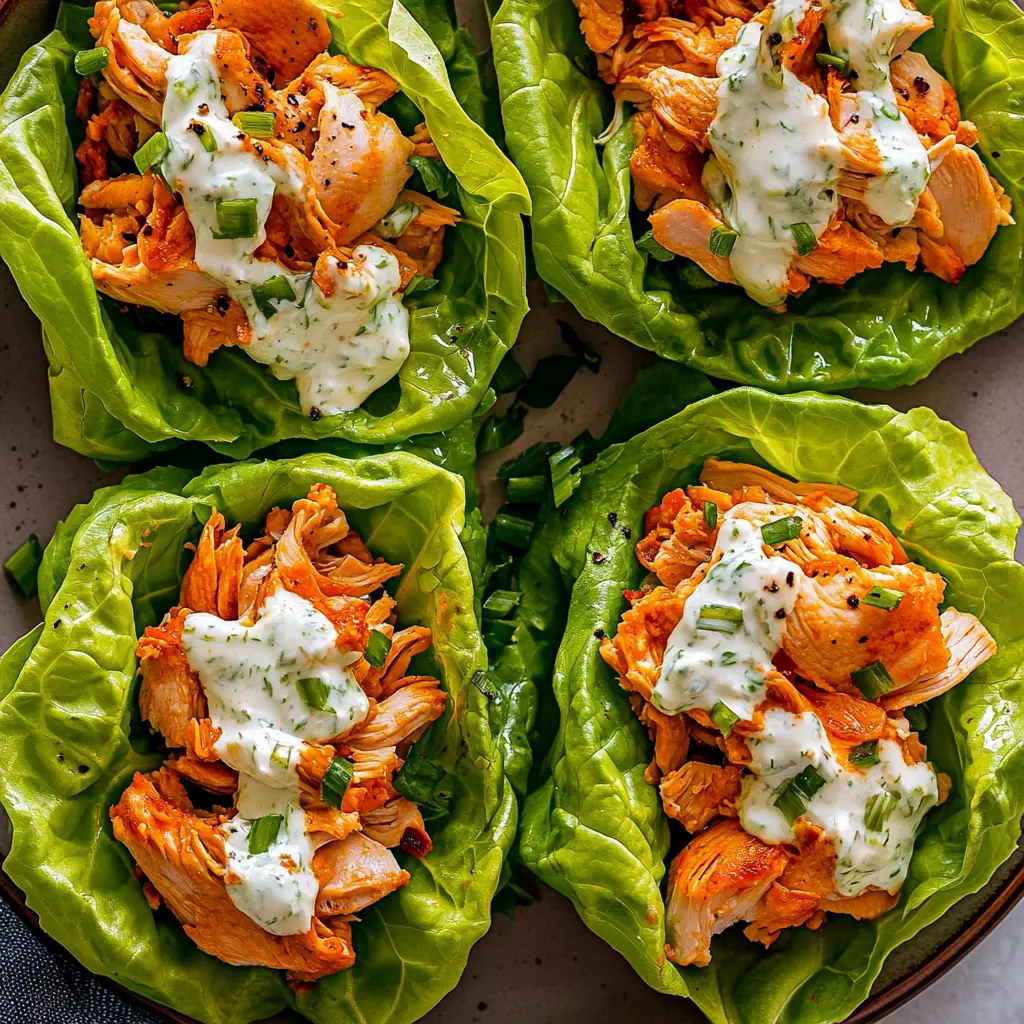 Buffalo Chicken Lettuce Wraps Easy Fresh Dinner Recipe 3 Buffalo Chicken Lettuce Wraps centered hero view, clean and uncluttered