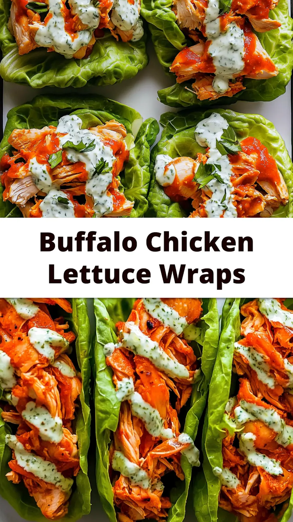 Buffalo Chicken Lettuce Wraps Easy Fresh Dinner Recipe 4 Buffalo Chicken Lettuce Wraps centered hero view, clean and uncluttered pin