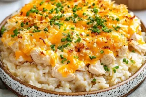 Cheesy Chicken and Rice Casserole Easy Weeknight Dinner CHEESY CHICKEN AND RICE CASSEROLE centered hero view, clean and uncluttered