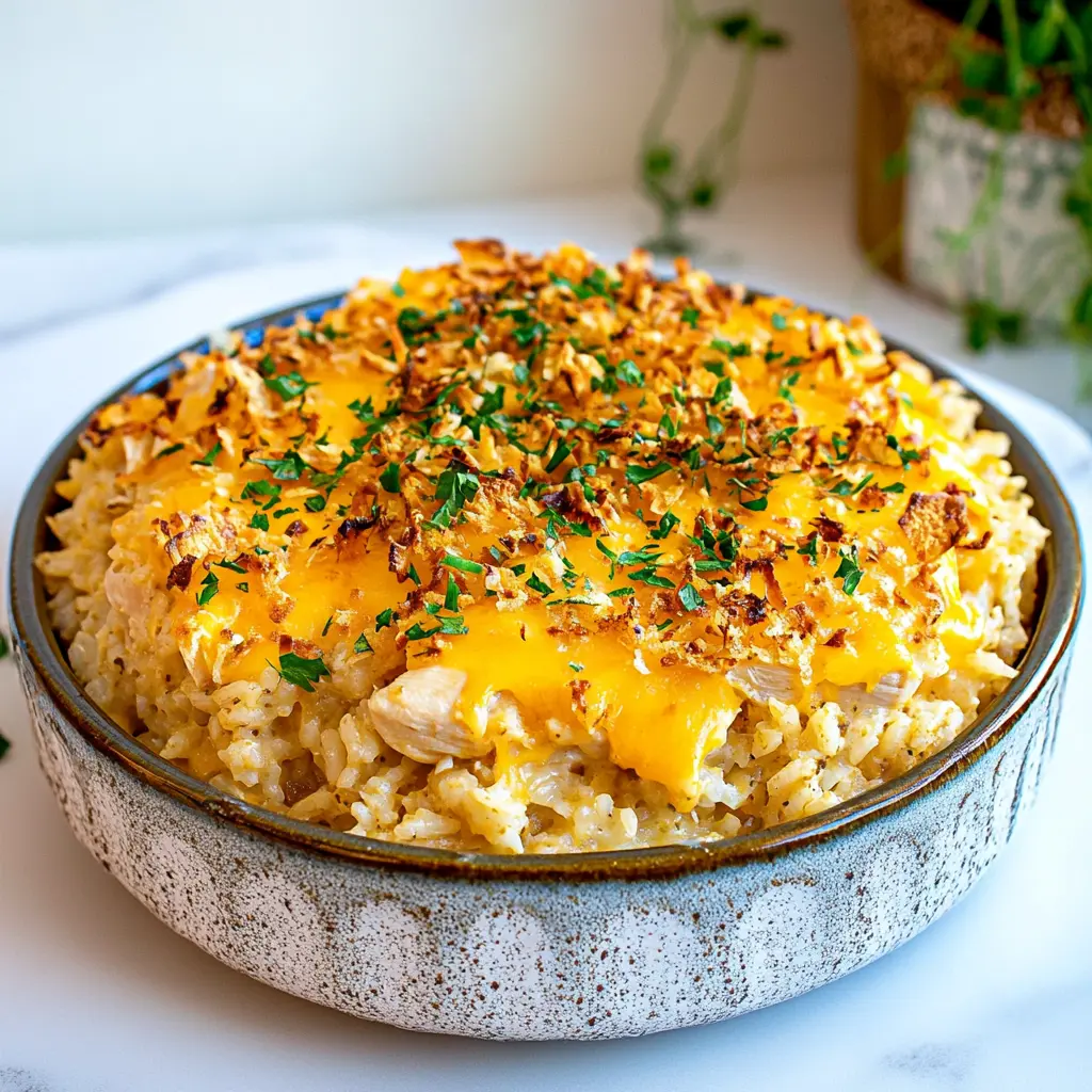 CHEESY CHICKEN AND RICE CASSEROLE centered hero view, clean and uncluttered