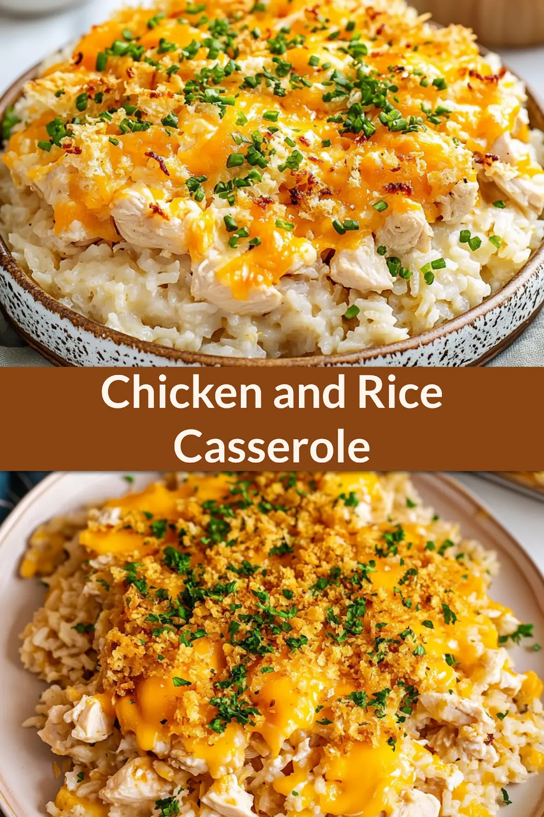 CHEESY CHICKEN AND RICE CASSEROLE centered hero view, clean and uncluttered