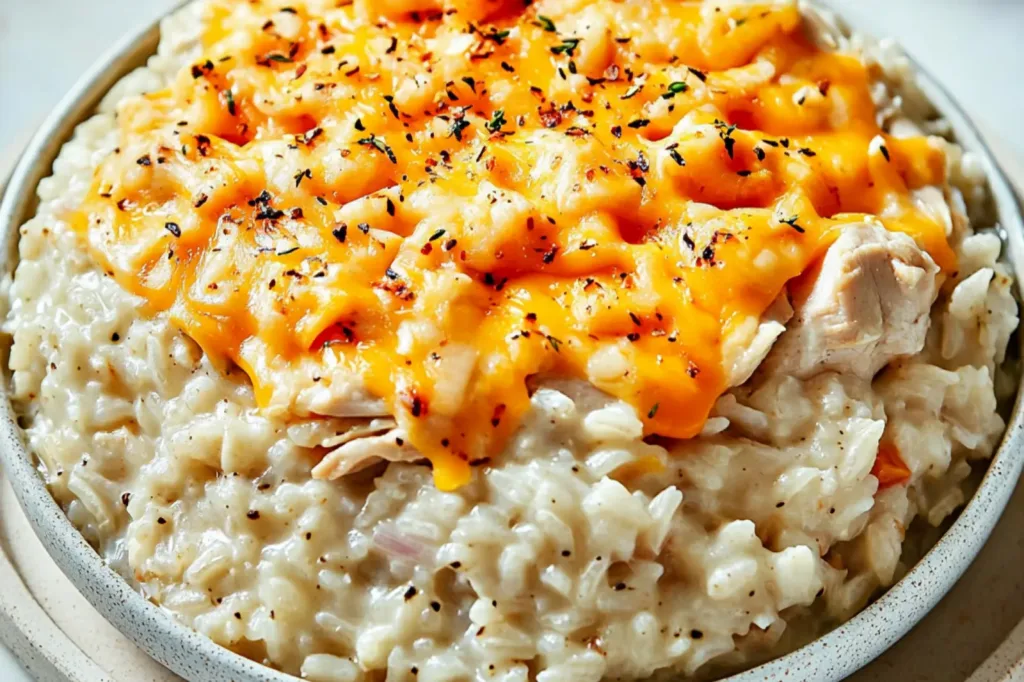 CHEESY INSTANT POT CHICKEN AND RICE centered hero view, clean and uncluttered