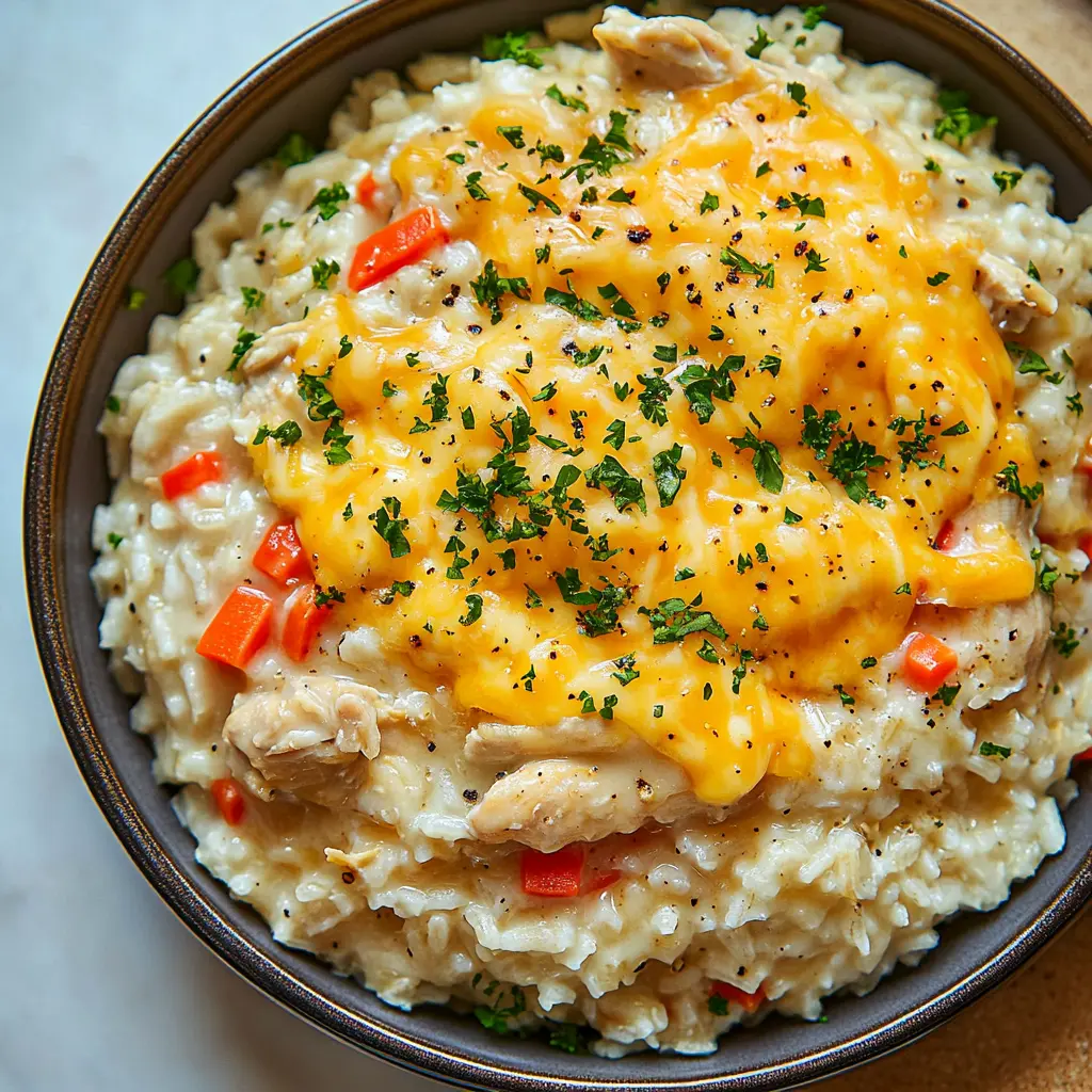 Cheesy Instant Pot Chicken and Rice Easy Weeknight Dinner 3 Cheesy Instant Pot Chicken and Rice in a bowl, with melted cheddar and tender chicken pieces
