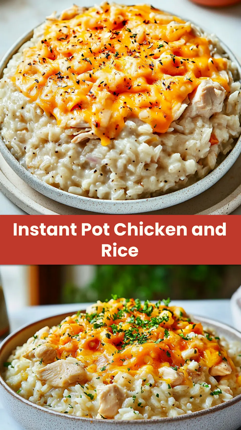 Cheesy Instant Pot Chicken and Rice Easy Weeknight Dinner 4 Cheesy Instant Pot Chicken and Rice pin image with melted cheese and vibrant vegetables