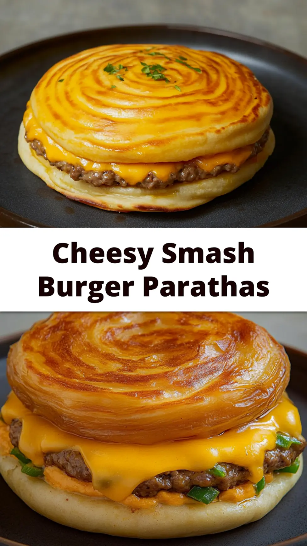 Cheesy smash burger parathas recipe, served and ready to eat, easy homemade dinner