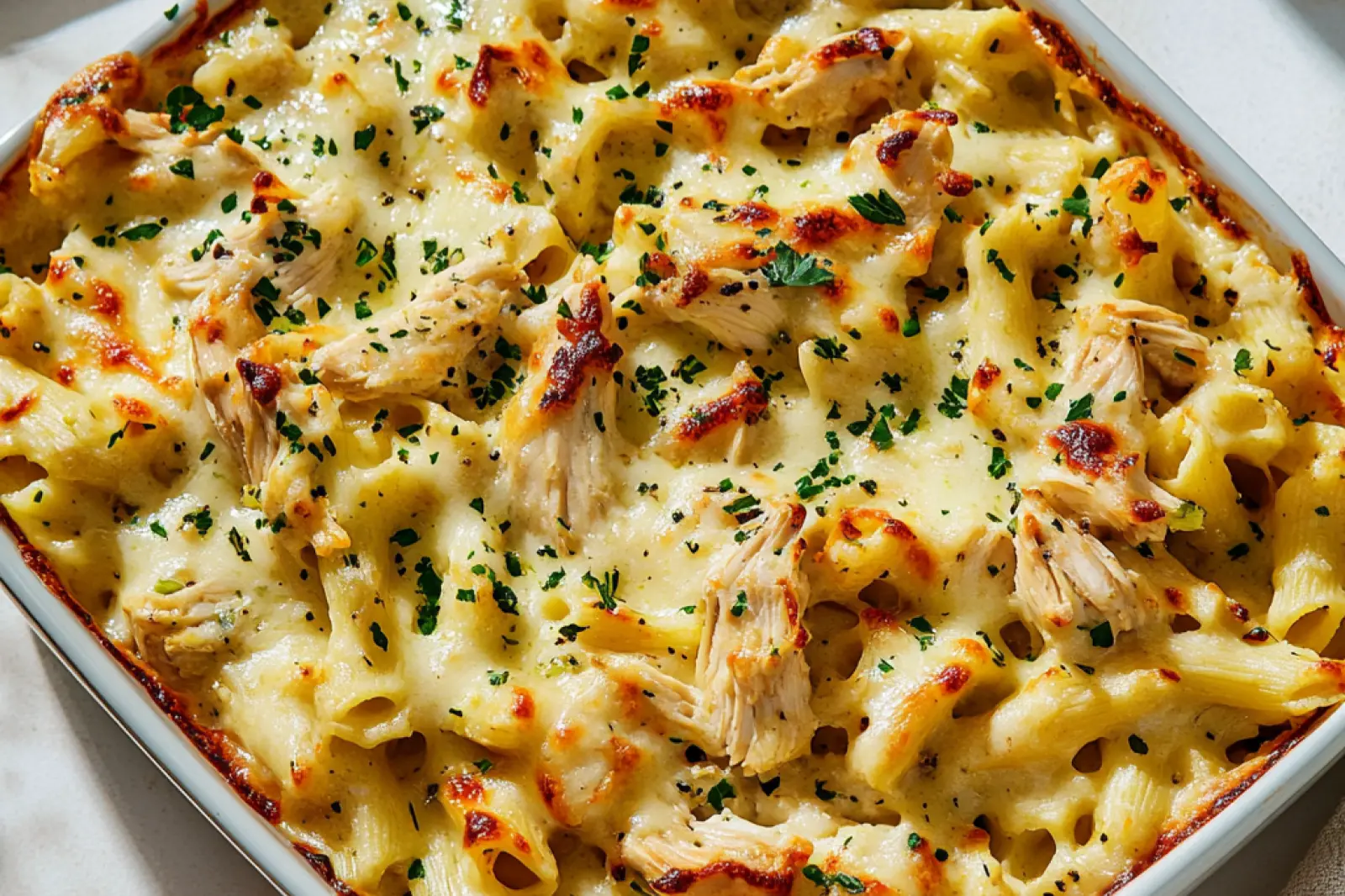 CHICKEN ALFREDO CASSEROLE centered hero view, clean and uncluttered