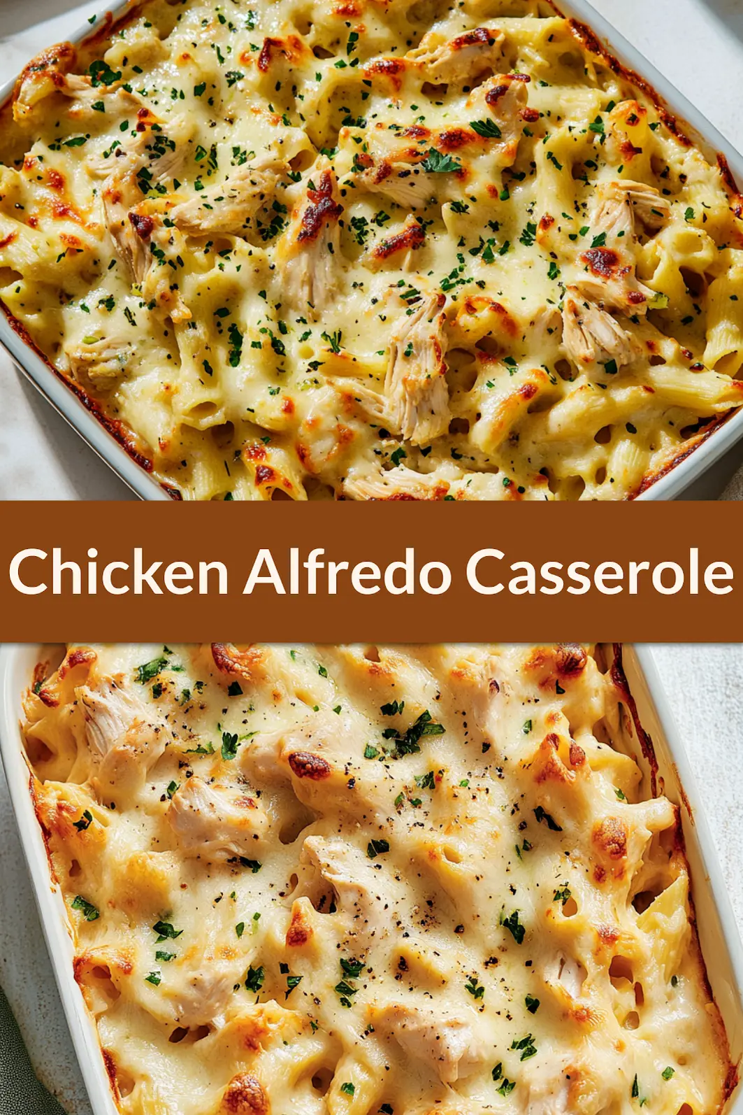CHICKEN ALFREDO CASSEROLE centered hero view, clean and uncluttered