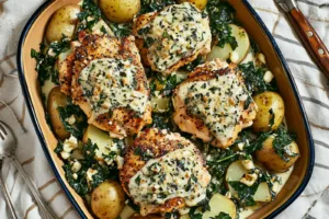 CHICKEN AND POTATOES WITH GARLIC PARMESAN centered hero view, clean and uncluttered
