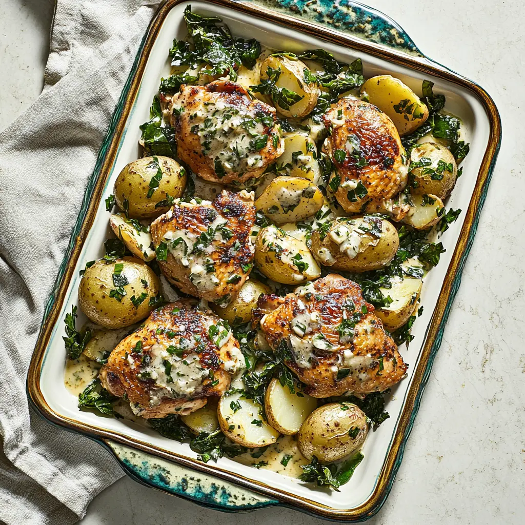 CHICKEN AND POTATOES WITH GARLIC PARMESAN centered hero view, clean and uncluttered